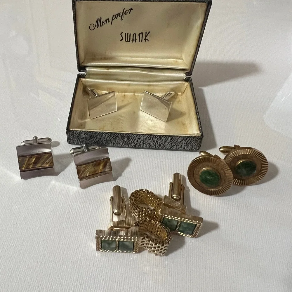 Vintage Mens Cufflinks Lot 4 Pair Swank Anson Silver Gold Green Stone Boxed